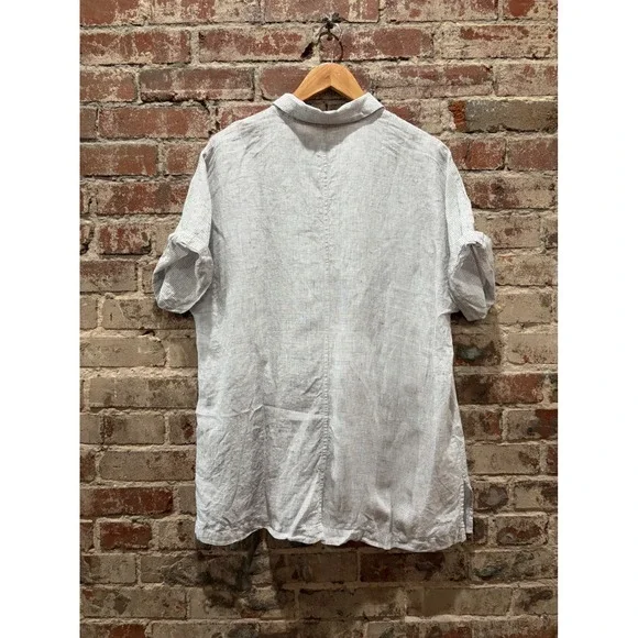 Eileen Fisher Grey Grid Check Linen Short Sleeve Button Down Shirt Size Large - Picture 8 of 10